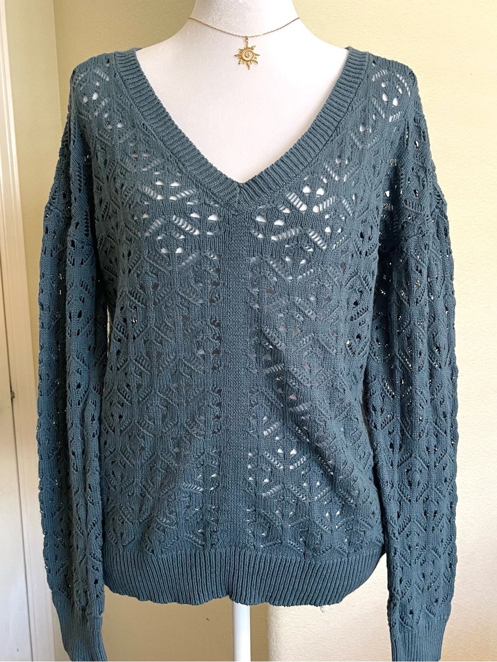 Maurices Cotton-Blend Teal V-Neck Open-Knit Sweater